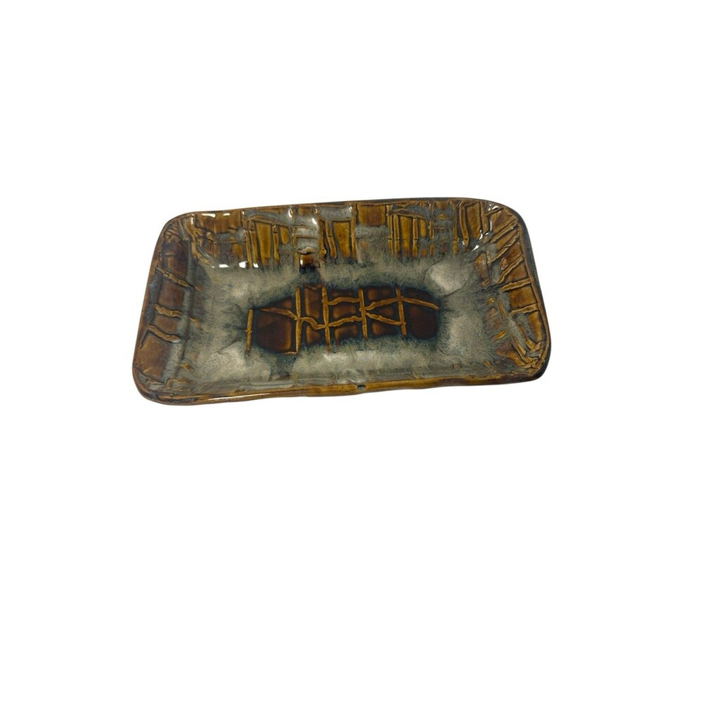 Signed Art Pottery Platter Serving Tray  Brown, Green Glaze , Farmhouse 10” X 6”